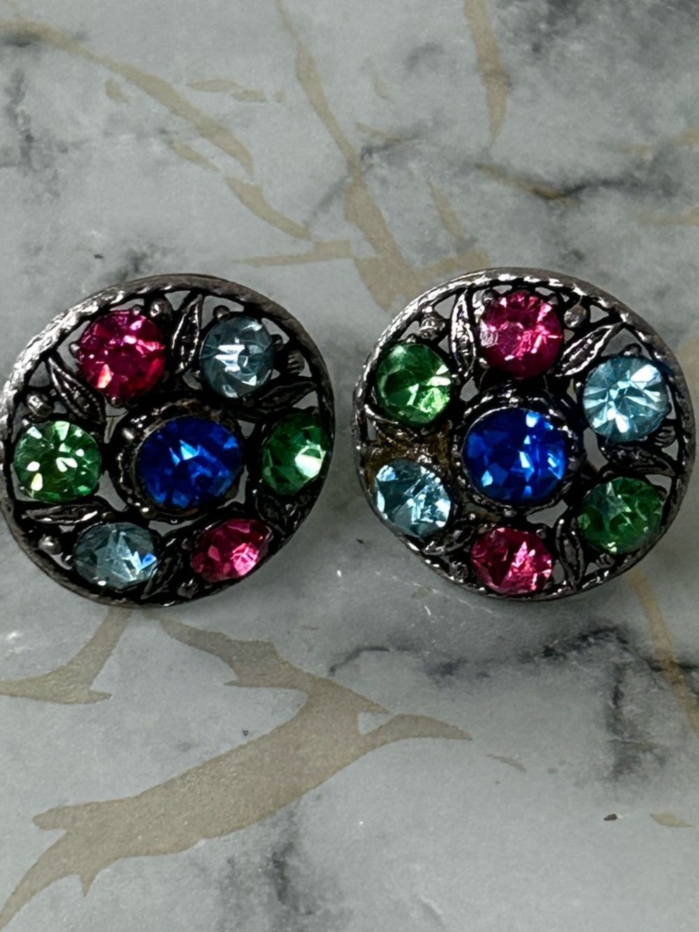 Vintage Multicolor Rhinestone Clip-On Earrings Silver Retro Statement Jewelry